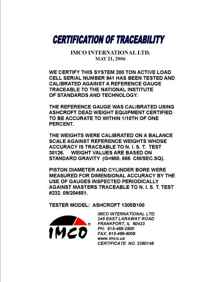 CERTIFICATE OF TRACEABILITY to the National Institute of Standards and Technology